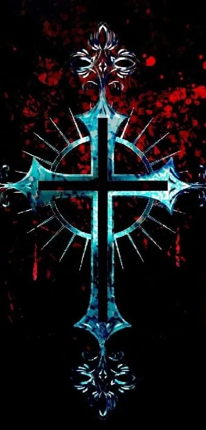 Gothic cross with blue design on dark red background wallpaper.