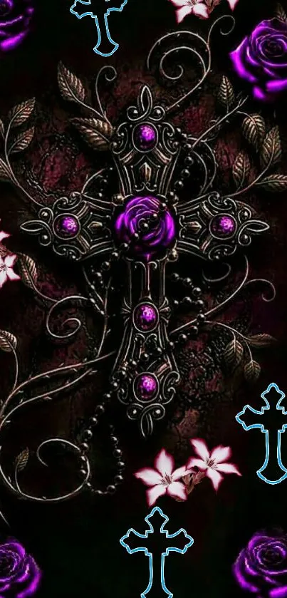 Gothic cross with purple roses mobile wallpaper.