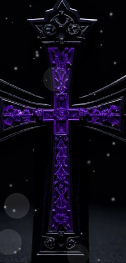 Gothic cross with purple accents on dark background.