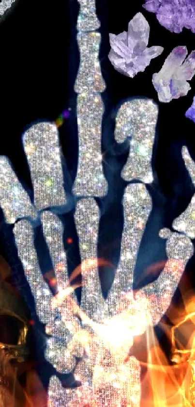 Crystal skeleton hand with skulls and purple crystals on a dark background.