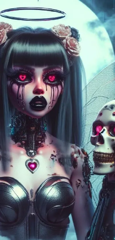 Gothic cyberpunk angel with neon eyes holding a skull, set against a dark backdrop.