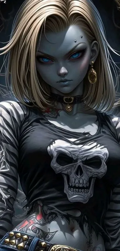 Gothic anime woman with tattoos and skull design.