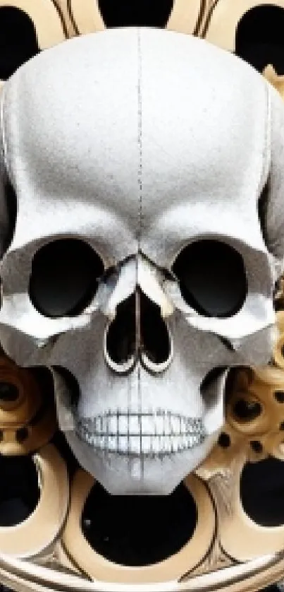 Gothic cyberpunk skull with gold gears and marble background.