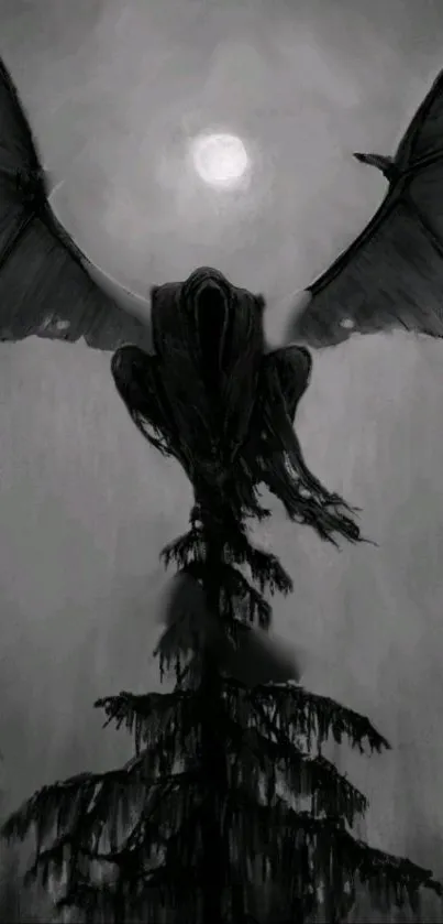 Mystical dark angel with wings aloft over shadowy forest.