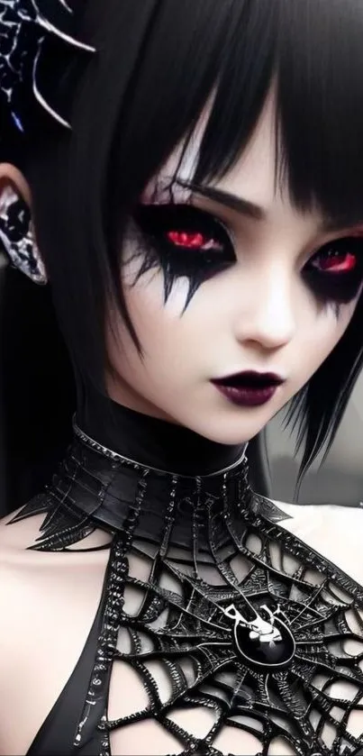 Gothic dark anime character with red eyes and web design choker.