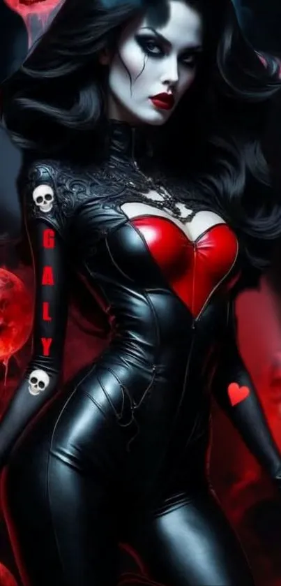 Gothic lady with red and black attire and skull motifs on a dark background.