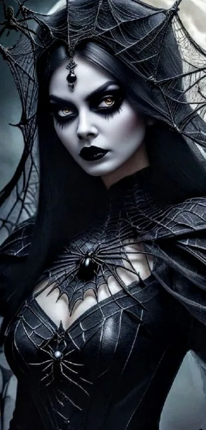 Gothic witch in dark attire with a mystical moonlit background.