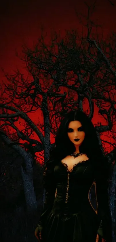 Gothic woman in dark forest with red sky.