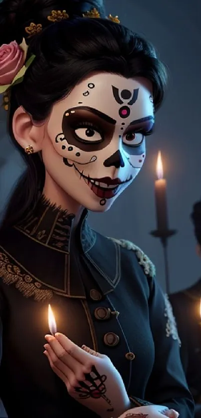 Gothic Dia de los Muertos figure with candle.