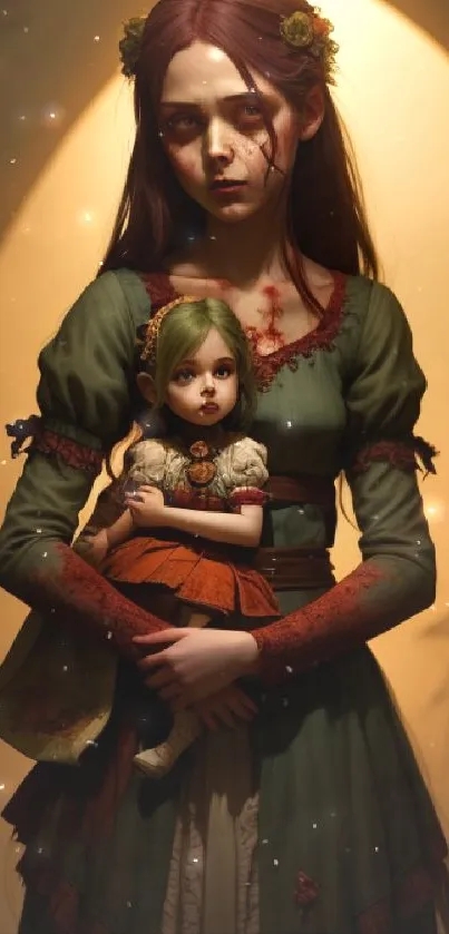 Gothic girl with doll in dark green dress, evoking eerie and haunting vibes.