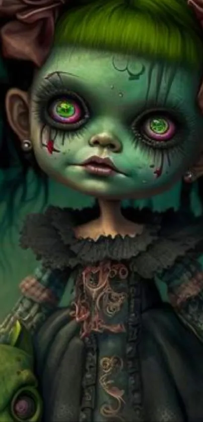 Gothic doll art wallpaper with dark green hues and intricate features.