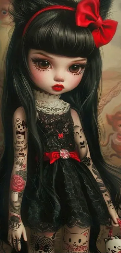 Gothic doll with tattoos and red ribbon in black dress.