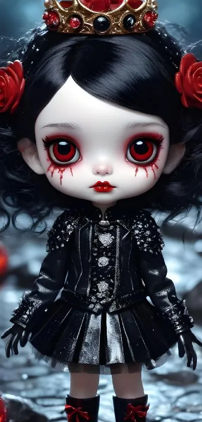 Gothic doll with red roses and crown in dark setting.