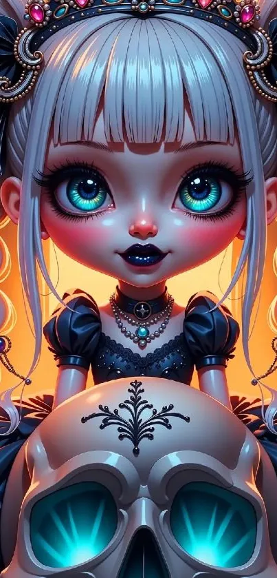 Gothic doll with blue eyes and skull in fantasy art.