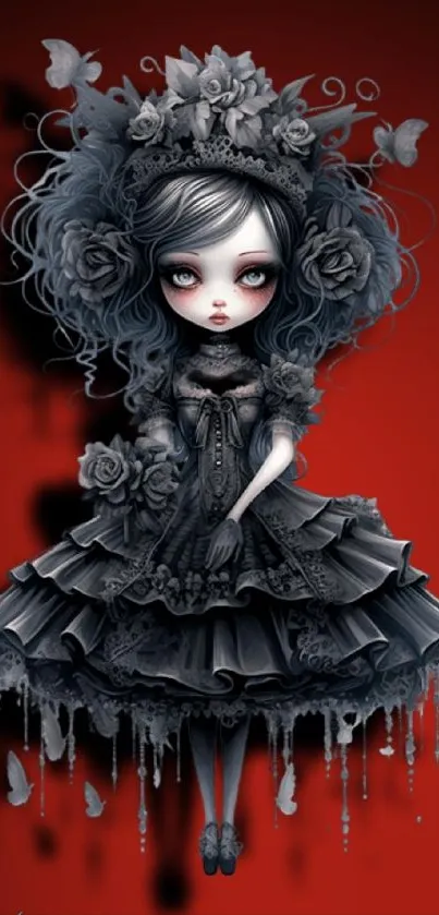 Gothic doll in ornate dress on vibrant red background.