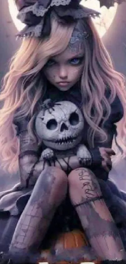 Gothic doll holding skeleton teddy bear, Halloween theme.