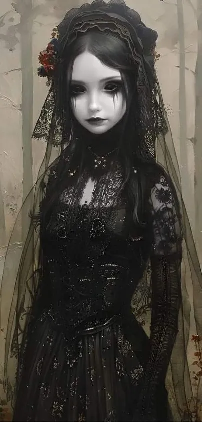 Gothic doll in black dress with veil in a mystic forest setting.