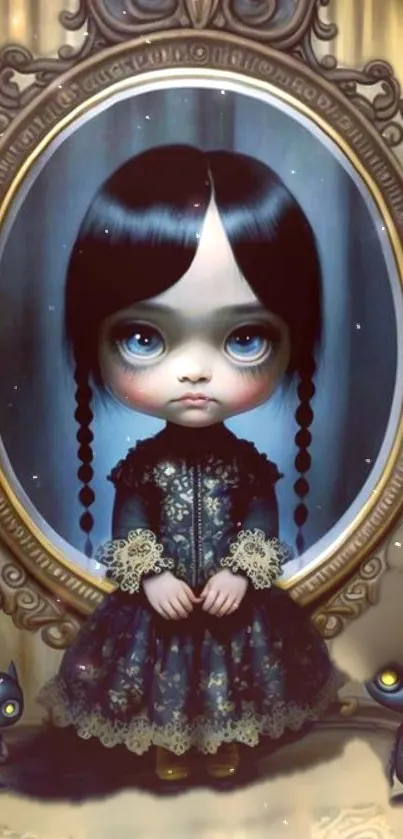 Gothic-themed wallpaper featuring a doll with braided hair in a vintage frame.