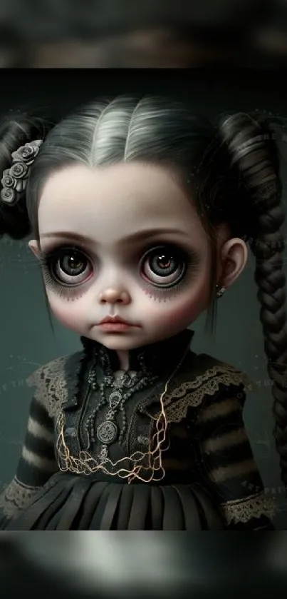 Gothic doll with braided hair in dark-themed wallpaper.