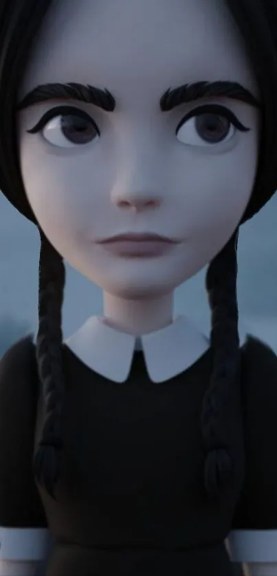 Gothic doll with dark braids on mobile wallpaper.