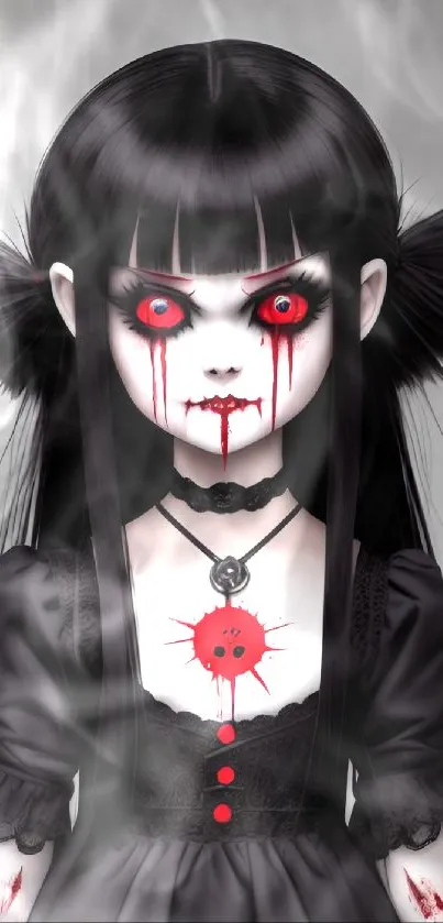 Gothic doll with red eyes and black hair.