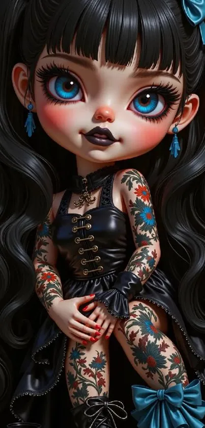 Gothic doll with tattoos and blue eyes on a black background.