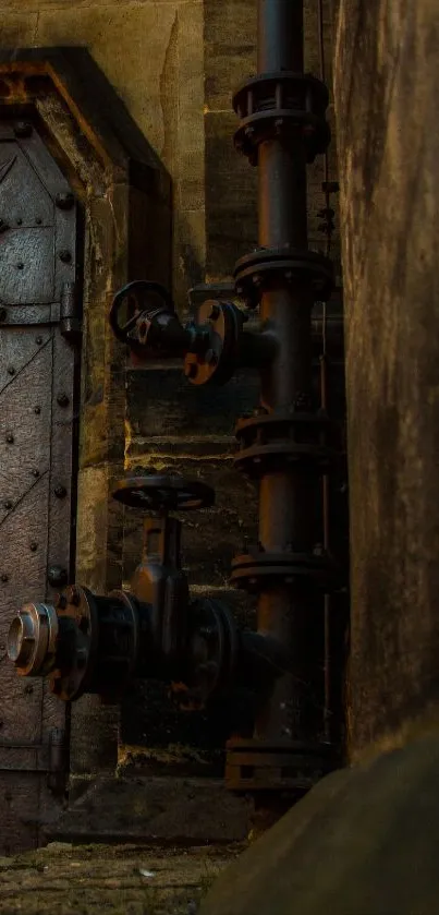 Moody gothic doorway with industrial pipes in dim lighting.