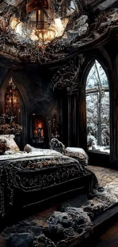 Gothic luxurious bedroom with dark decor and arched windows wallpaper.