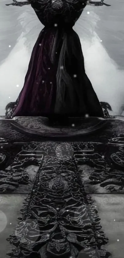 Gothic dark-themed wallpaper with intricate design and mysterious figure.