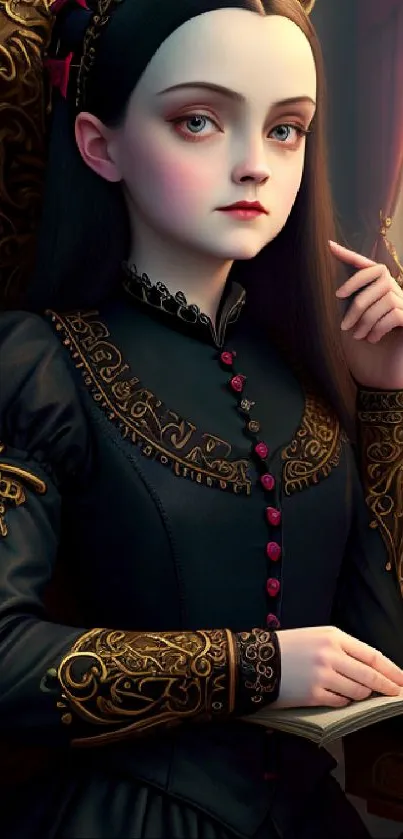 Gothic portrait featuring a woman in elegant dark attire with intricate details.