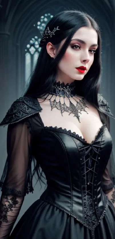 Gothic-themed wallpaper with woman in black dress, elegant and mysterious.