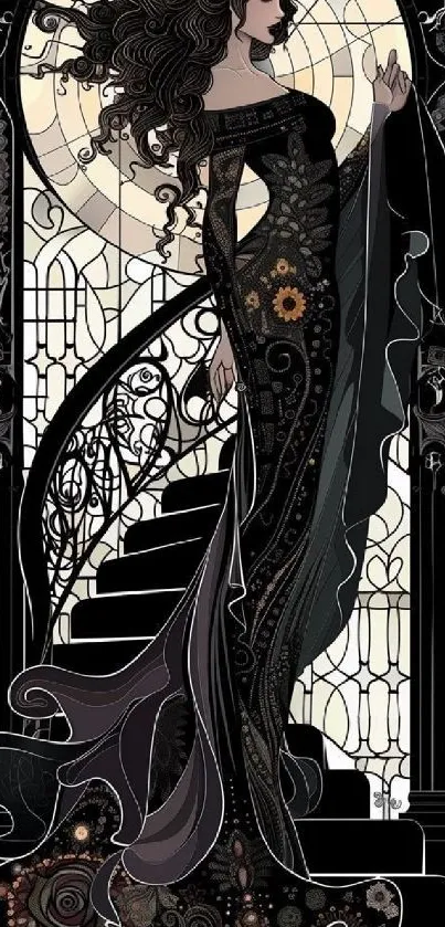 Gothic woman in black dress on staircase.