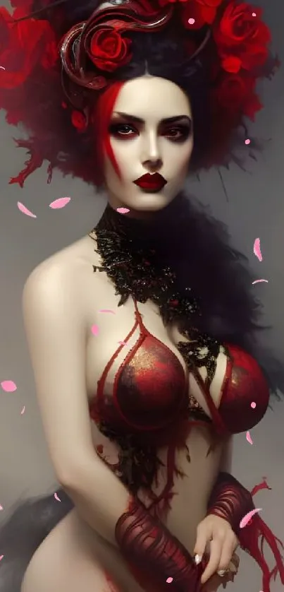 Gothic woman with red roses in enchanting mobile wallpaper.