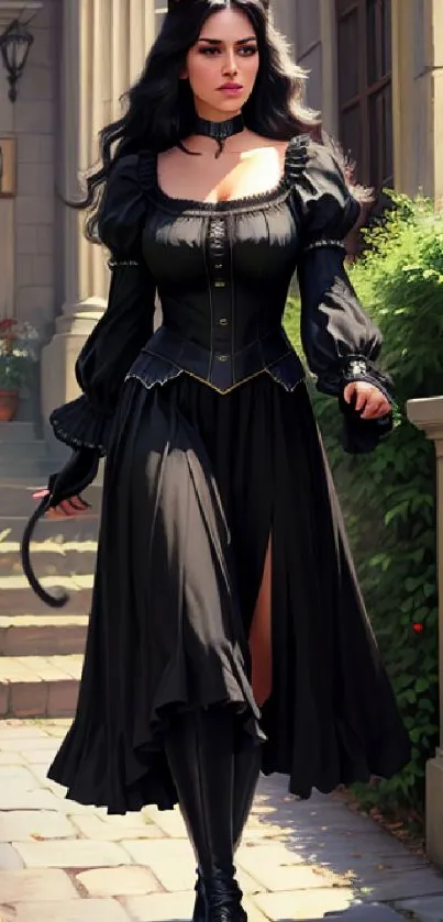 Woman in gothic black dress in an elegant setting.