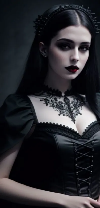 Gothic elegance with dark-haired model and intricate lace design.