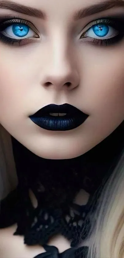 Gothic woman with striking blue eyes in artistic mobile wallpaper.