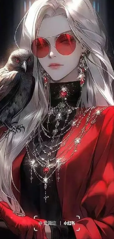 Anime woman in red with bird, gothic style.