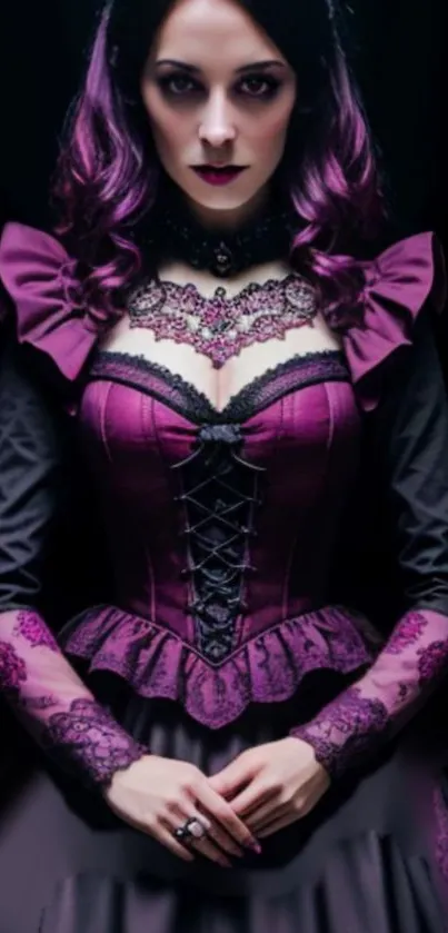 Gothic fashion wallpaper with elegant purple corset dress.