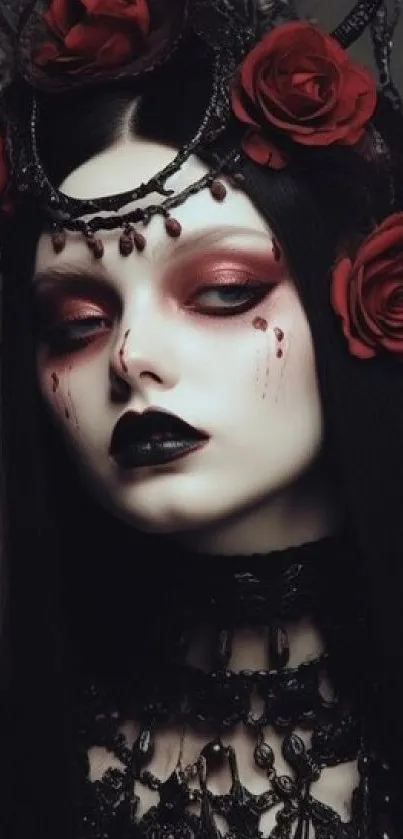 Gothic wallpaper with dark makeup and red roses, elegant and mysterious.