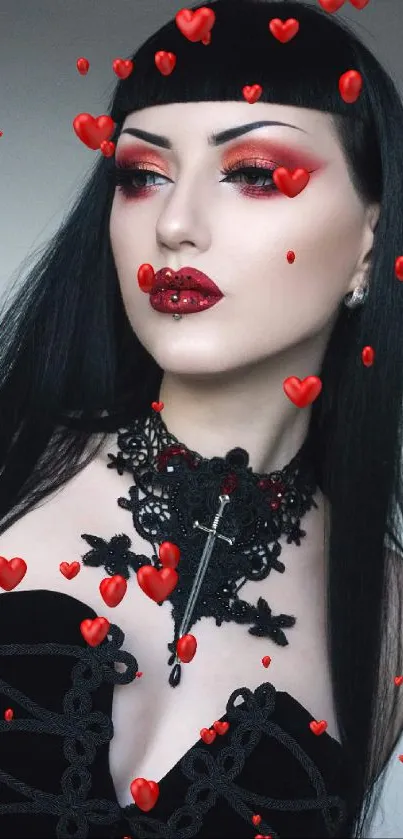 Gothic woman with dramatic makeup and black lace necklace.