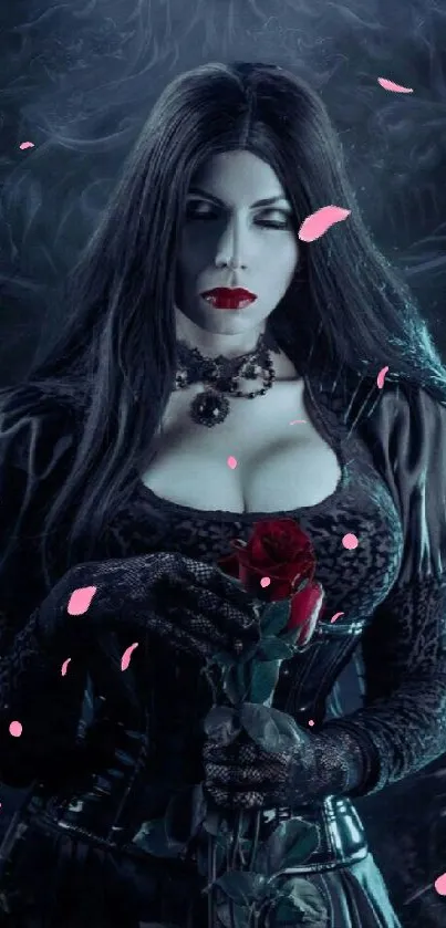 Gothic woman in black with rose, dramatic lighting.