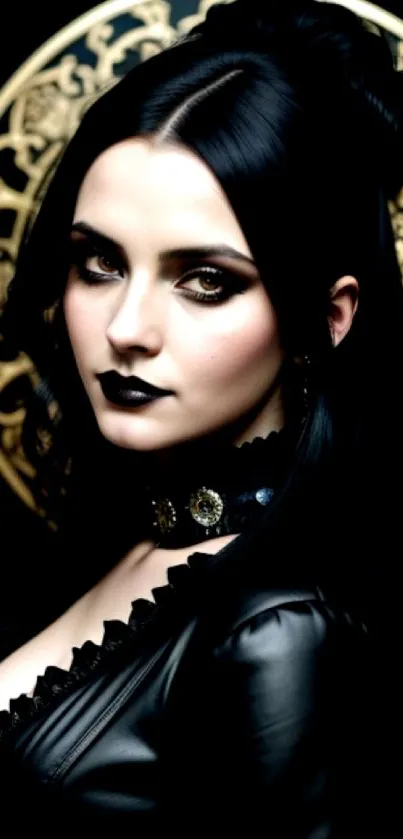 Gothic figure with golden backdrop in elegant dark tones.