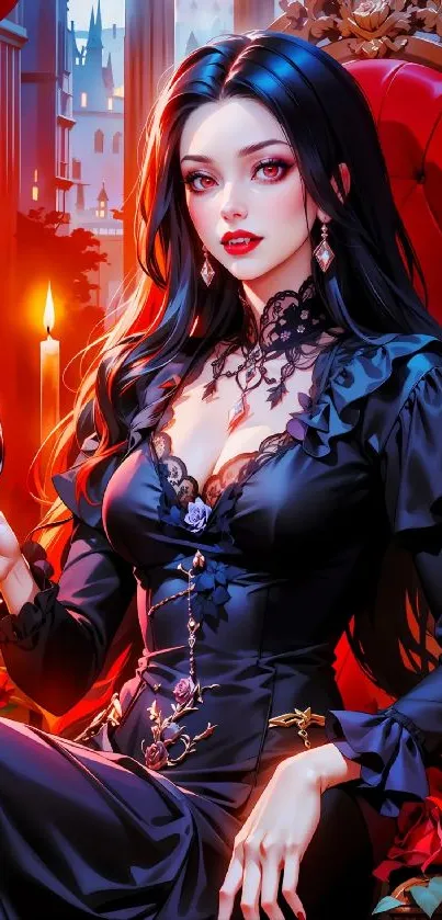 Gothic anime character holding wine glass amidst candles.