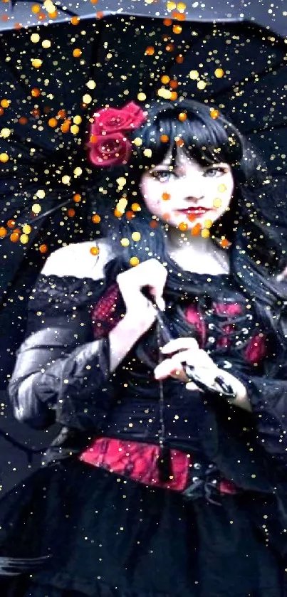 Gothic themed wallpaper with dark attire and vibrant roses.