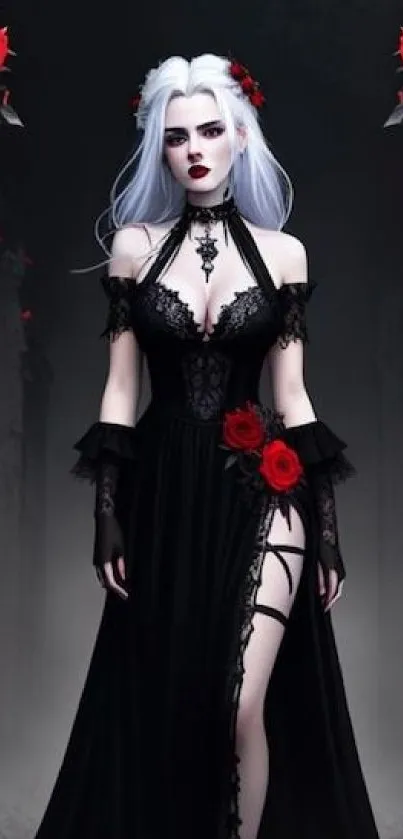 Gothic woman in black dress with roses.