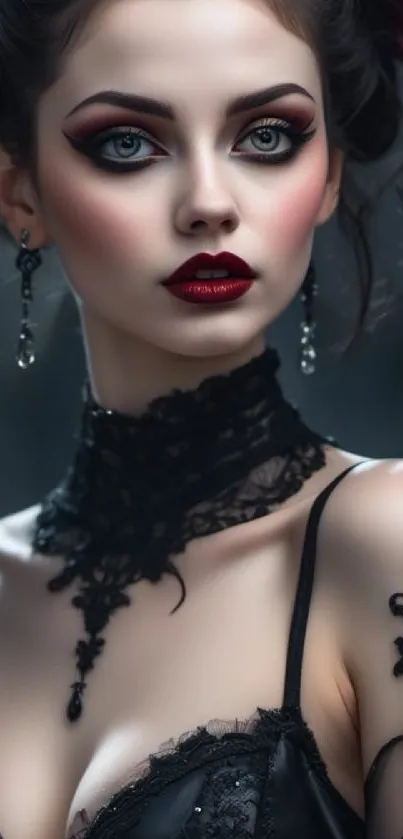 Gothic style portrait with red roses and lace details in dark aesthetic.