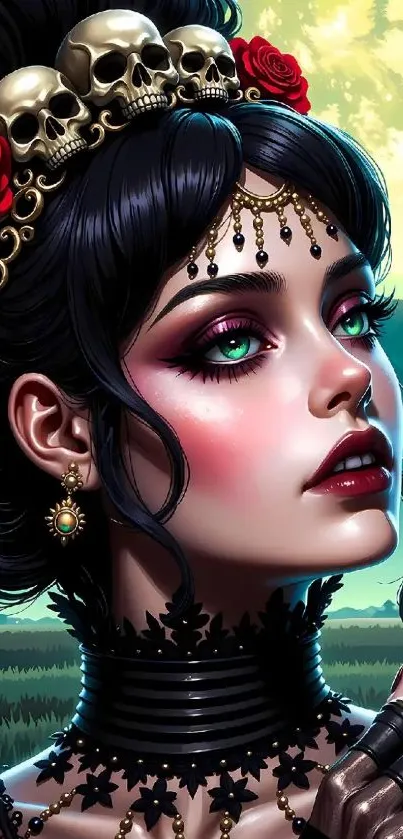 Gothic styled woman with skulls and roses in her hair.