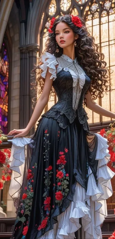 Gothic woman in elegant gown with red flowers in cathedral setting.