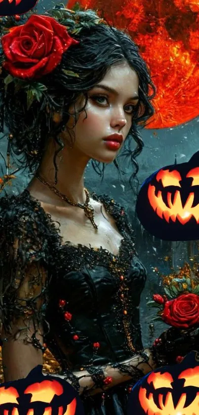 Gothic woman holding a red rose with a full moon backdrop.