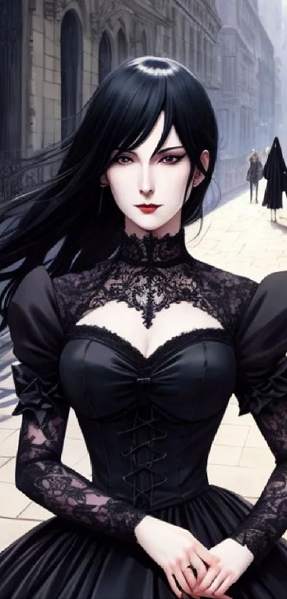 Gothic figure in black dress on city street wallpaper.